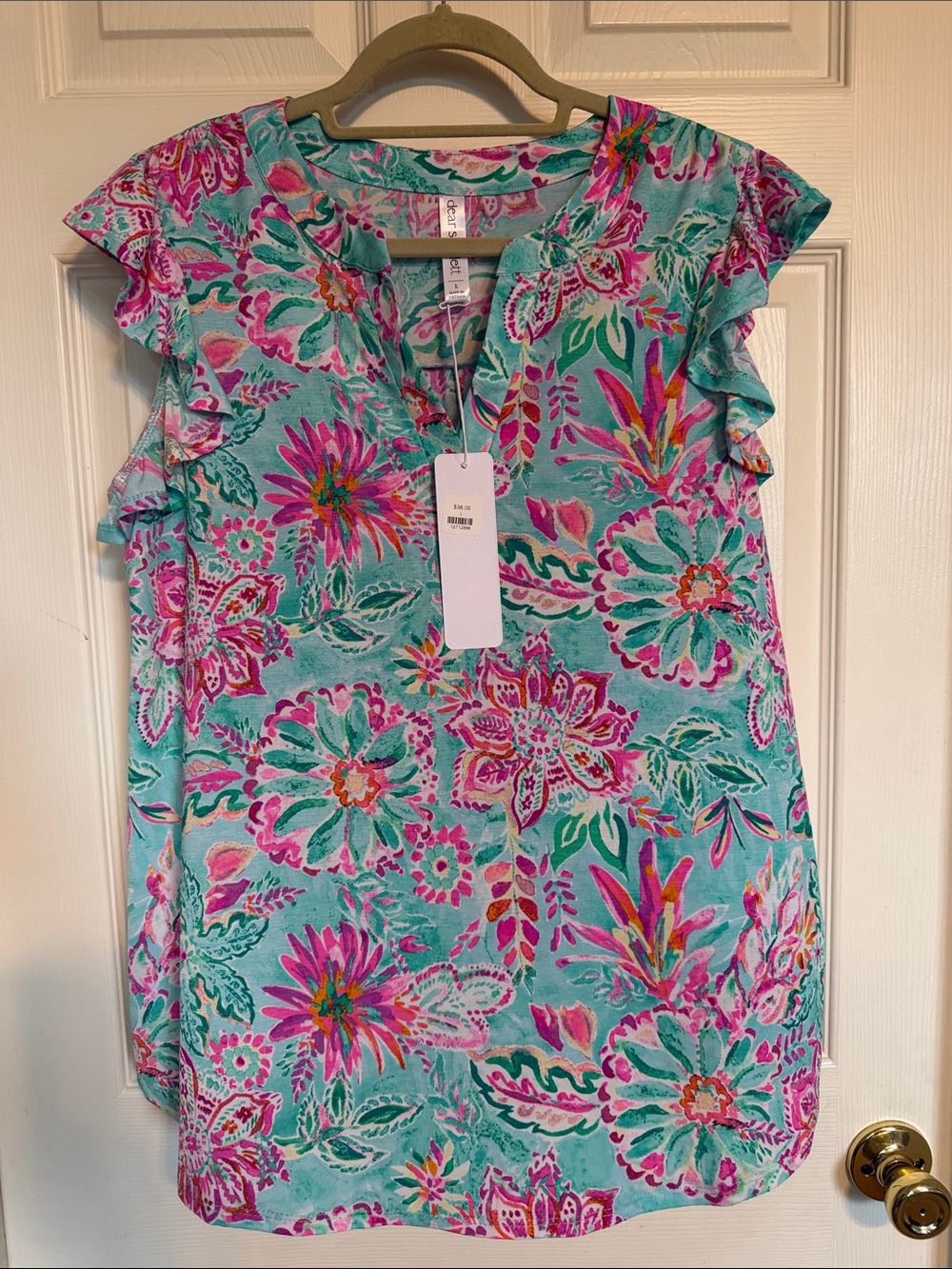 Floral Ruffle Cap-Sleeve Tunic in Aqua & Pink